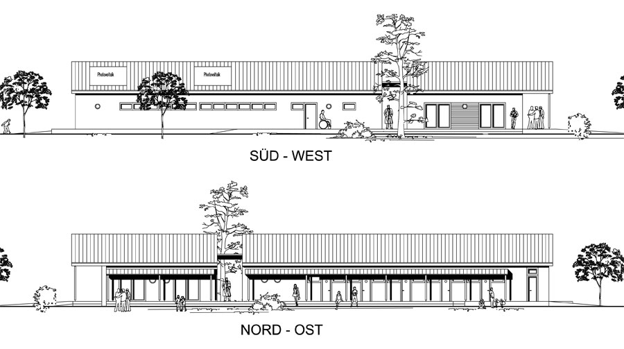 Neubau eines öffentlich nutzbaren Umkleidegebäudes mit Mehrzweckraum in Bielefeld - Ansichten Süd-West, Nord-Ost